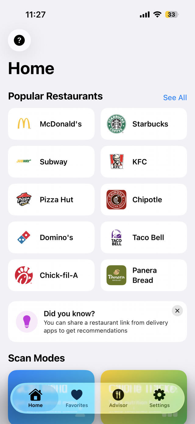 WellMenu Home Screen
