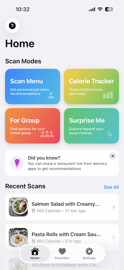 Camera screen scanning menu